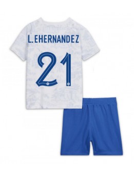 Otroški Nogometna dresi replika Francija Lucas Hernandez #21 Gostujoči SP 2022 Kratek rokav (+ hlače)
